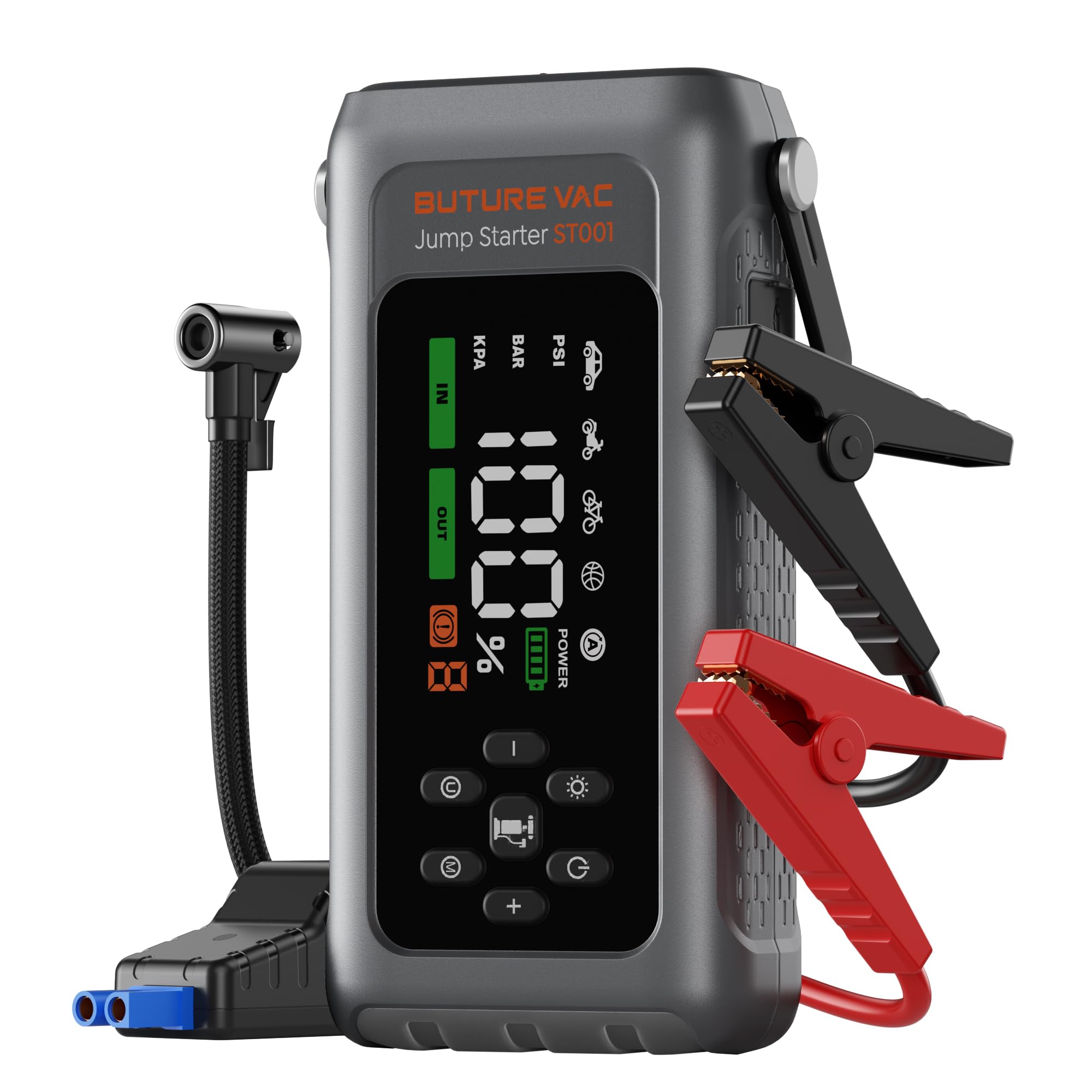 Booster Batterie Voiture avec Compresseur à Air 5000A 150PSI, 12V Démarreur (9L Tout Gaz ou 8L Diesel), 500 Lumière LED 4 Modes, Grand Écran, Gants