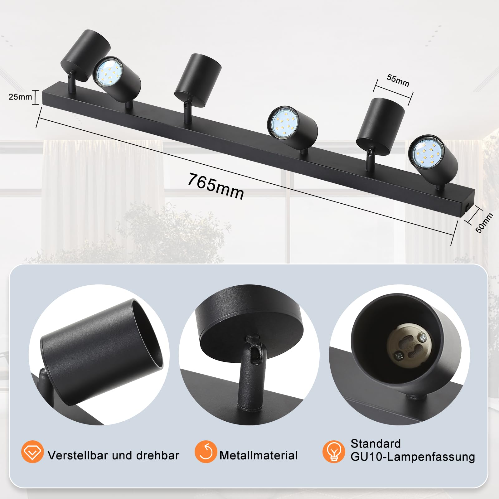 Homefire LED Deckenstrahler 6 Flammig GU10 Schwarz 350° Schwenkbar Deckenleuchte Innen