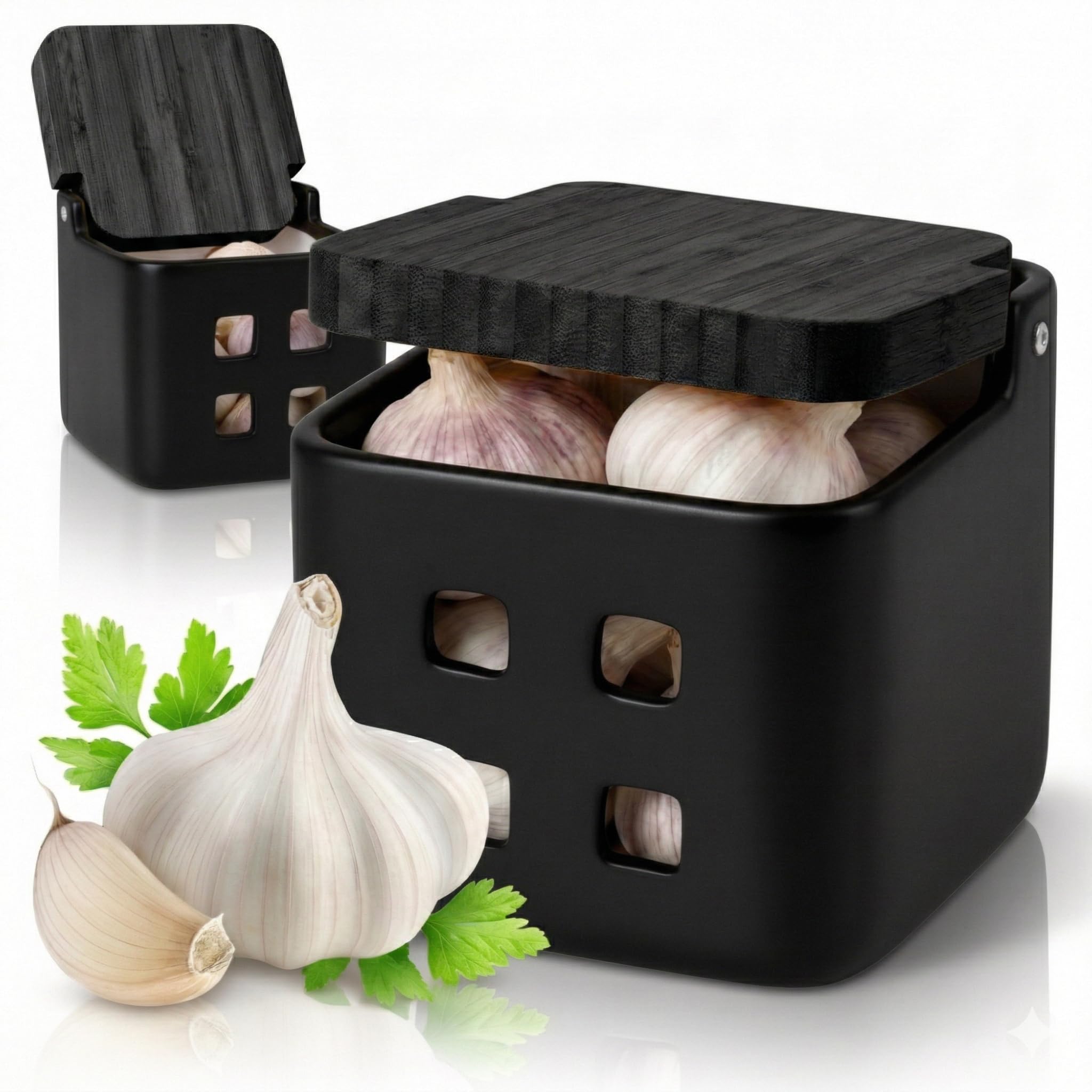 Kook Time Garlic All Black Ceramic Garlic Keeper With Bamboo Swivel Lid | Garlic Storage Pot With Ventilation Holes For Freshness | Matt Black And Black Bamboo, 11.5 X 11.5 X 11.5 Cm