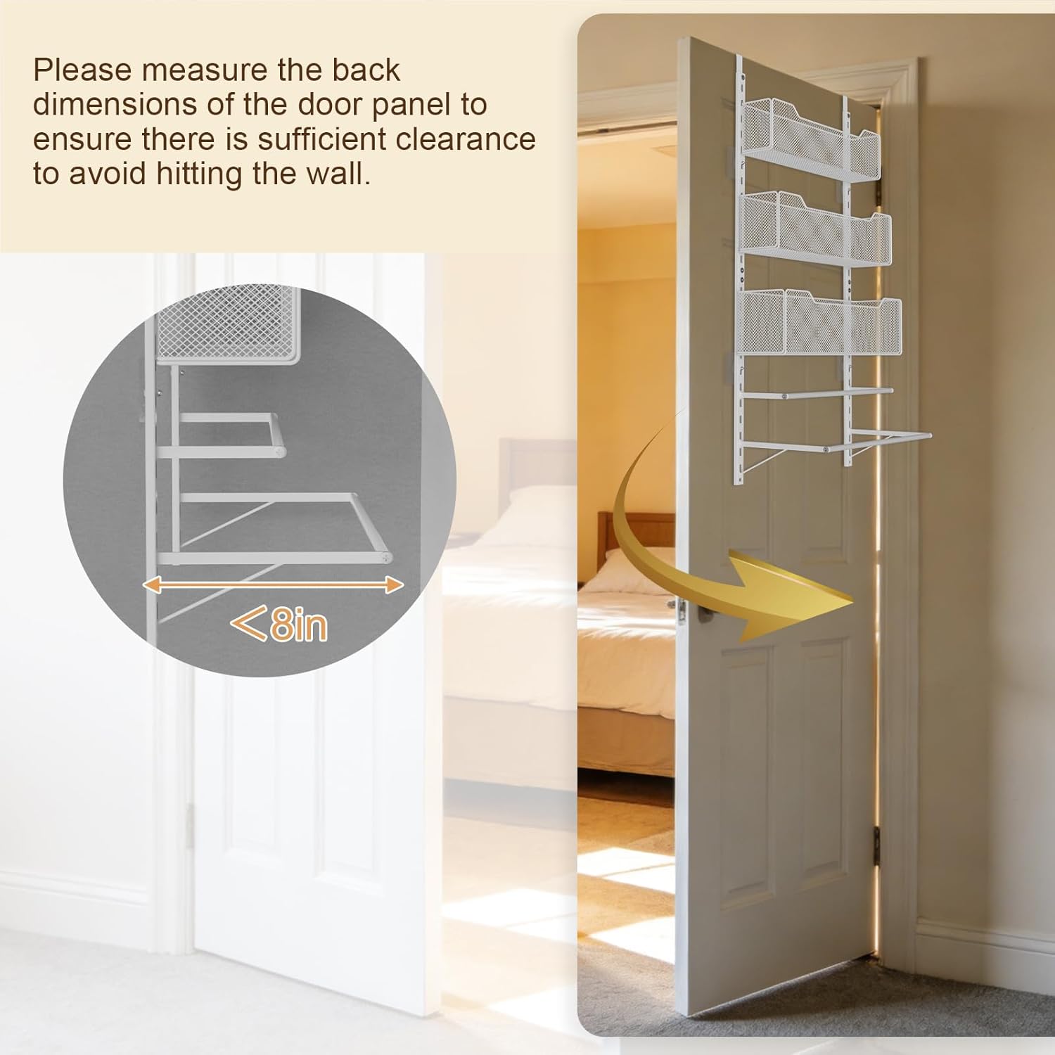 VyGrow Over the Door Storage Organizer with 3 Tier Mesh Baskets 2 Hanging Rods, 2 Mounting Options, Heavy Duty Clothes Hanger & Towel Rack for Bathroom Bedroom Office, White