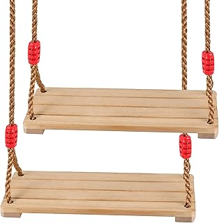 SEUNMUK 2 PCS 15.7 x 6.3 Inch Wooden Swing, Hanging Wood Tree Swings, (Adjustable 48 to 83 Inches) Wooden Swing for Garden, Backyard, Indoor or Outdoor, Birch Wood Durable, 220lb
