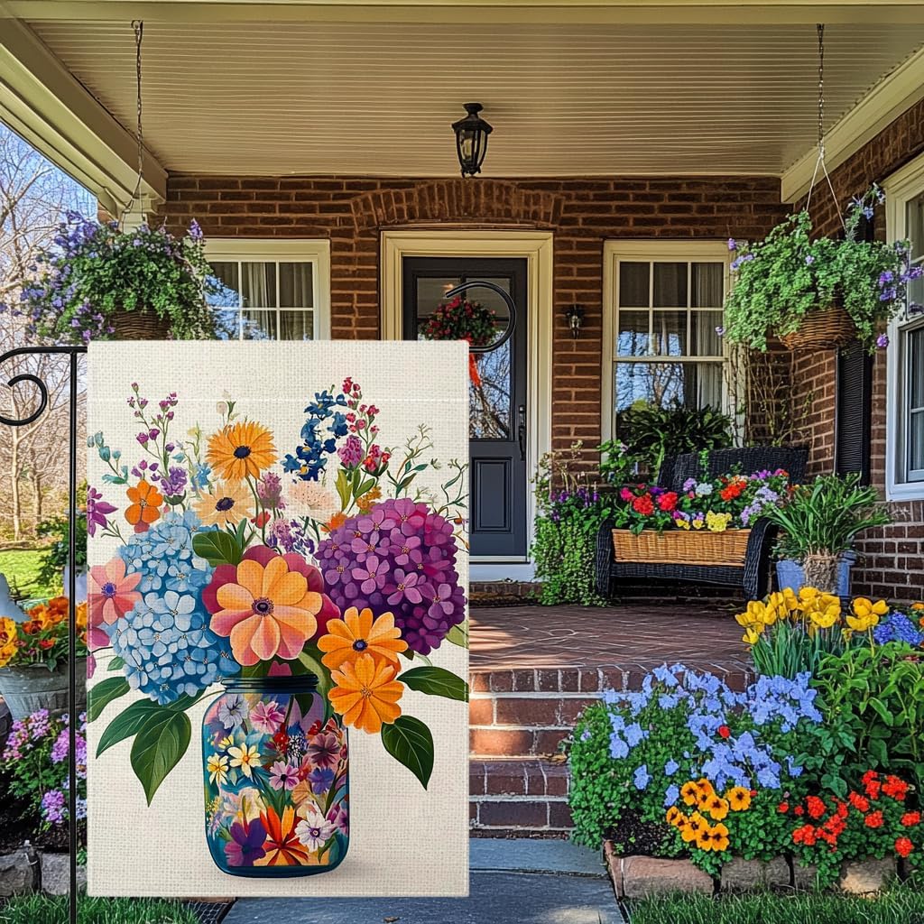 Spring Summer Colorful Floral Mason Jar Garden Flag 12x18 Inch Double Sided Hydrangea Flower Yard Outdoor Flag House Holiday Outside Decoration - Image 4