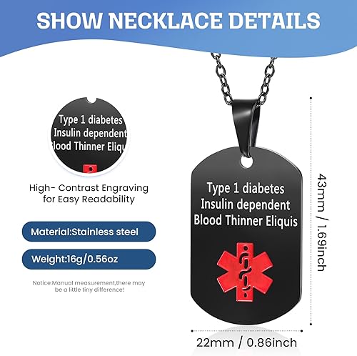Miniatura 2 de Jewelstruck Collar de alerta médica para mujeres y hombres, etiquetas de identificación de emergencia, collar de doble cara, grabado gratuito,