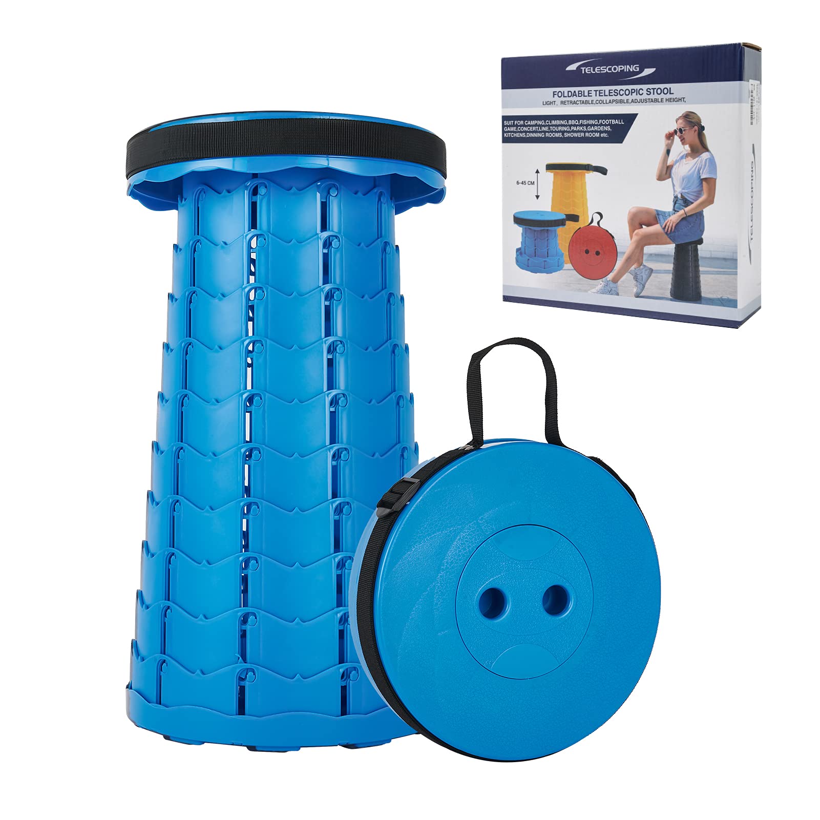 Camping Stool, Collapsible Stool with Adjustable Strap, Foldable Stool with Load Capacity 330lbs,Telescoping Portable Stool for Outdoor Camping Fishing Hiking Travelling Garden BBQ Indoor (Cyan Blue)