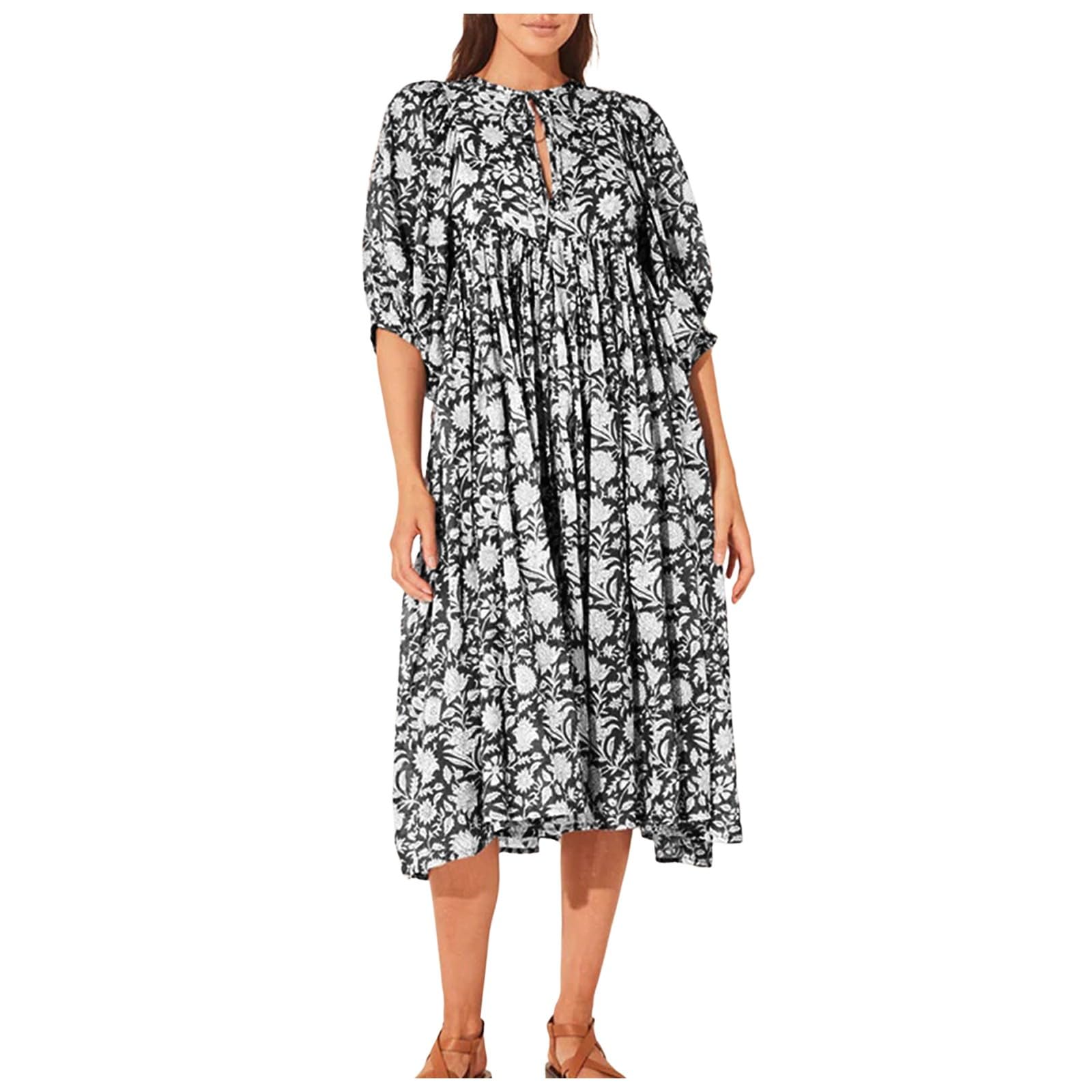 Vestidos Casuales De Verano for Mujer, Vestido Playa Midi Suelto con Mangas Abullonadas Y Estampado Floral, Medio Abierto