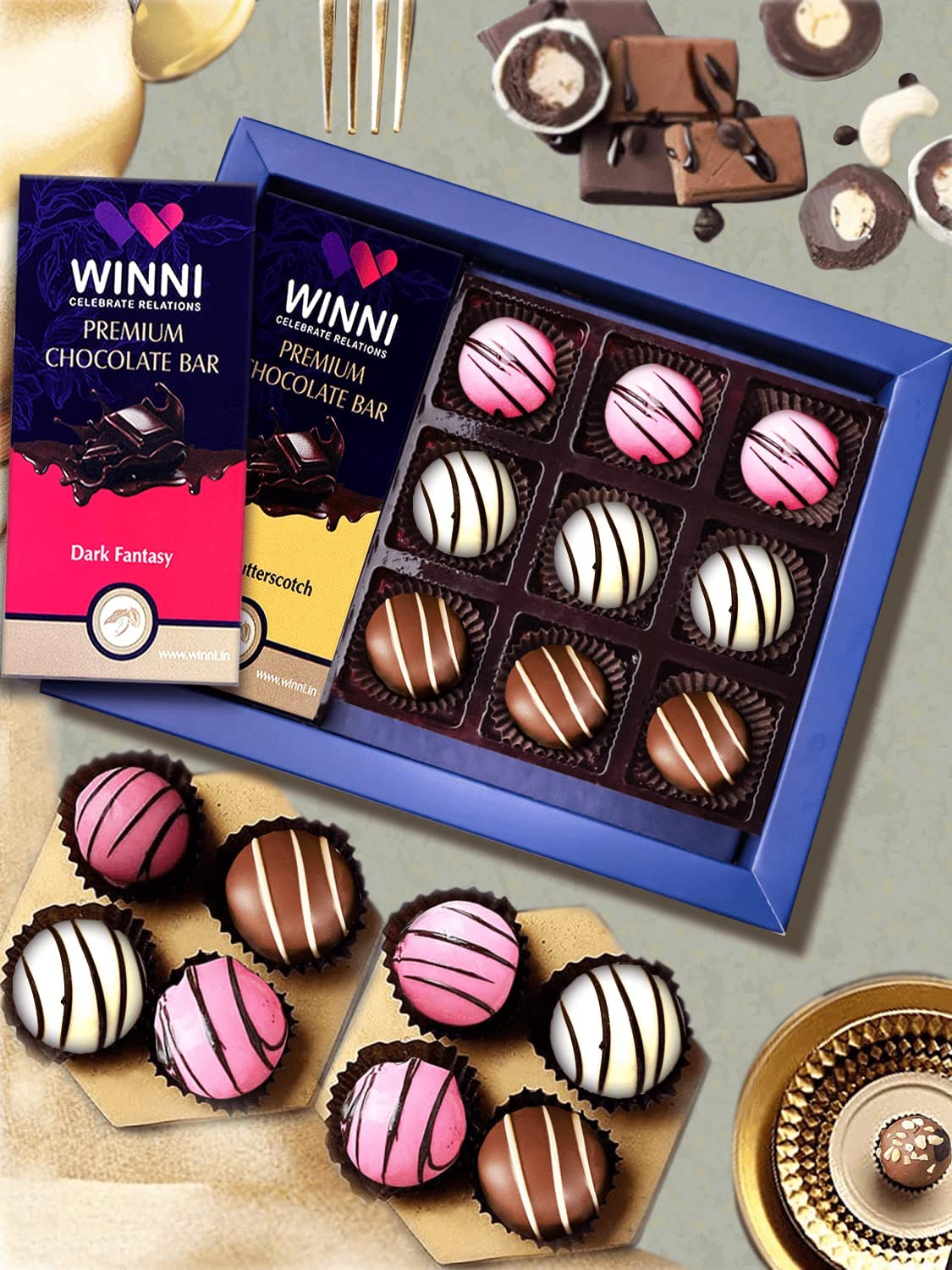 WINNI - 9 Pcs Truffle + 2 Bar Premium Chocolate Gift Packs | Luxury Chocolate Gift Box | Belgian Chocolate | Rakhi Gift for Brother & Sister | Celebration Handmade | Birthday Gift Packs for Kids, Wife, Husband, Couple, Diwali Gift
