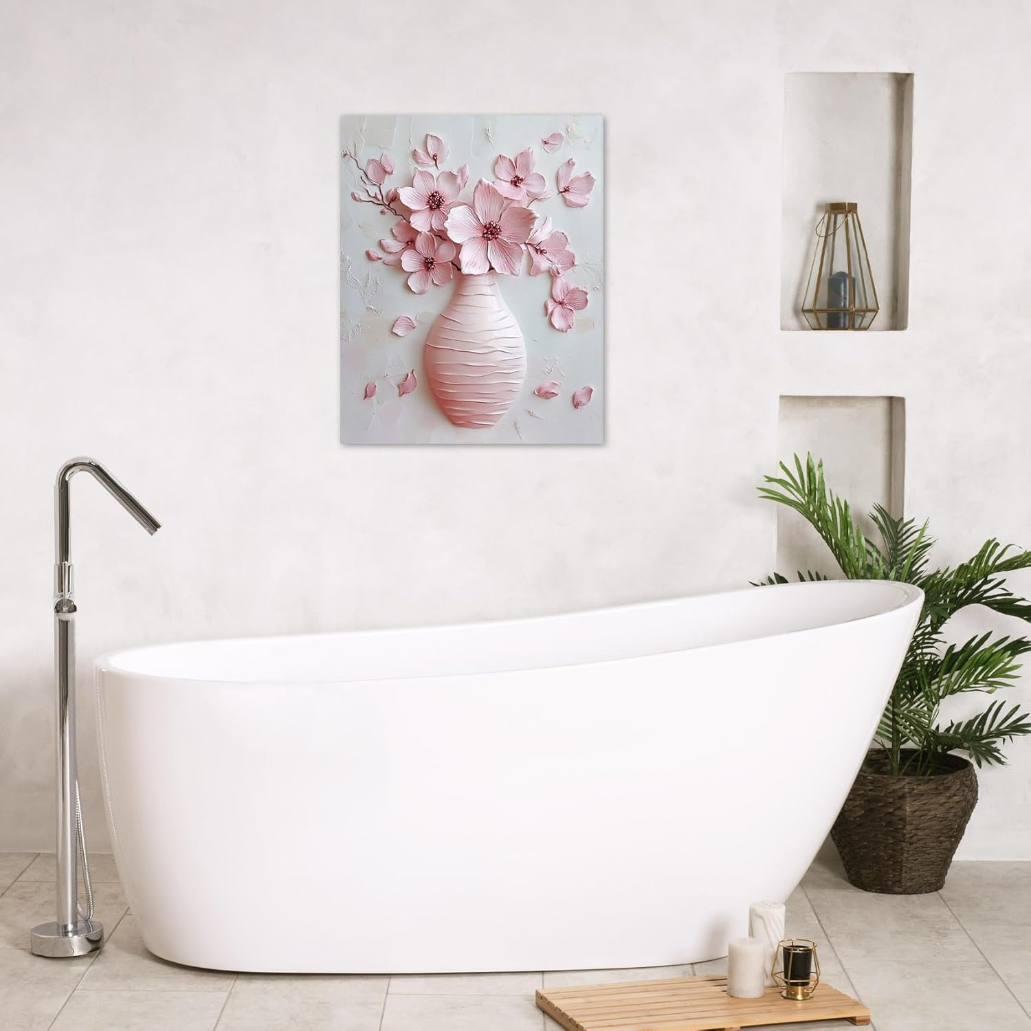 LB Pink Floral Wall Art for Bathroom Garden Plant Pink Cherry Blossom Flower Canvas Wall Art Wall Paintings Home Decor Vintage Wall Pictures for Living Room Bedroom Office Ready To Hang,16x20 Inch