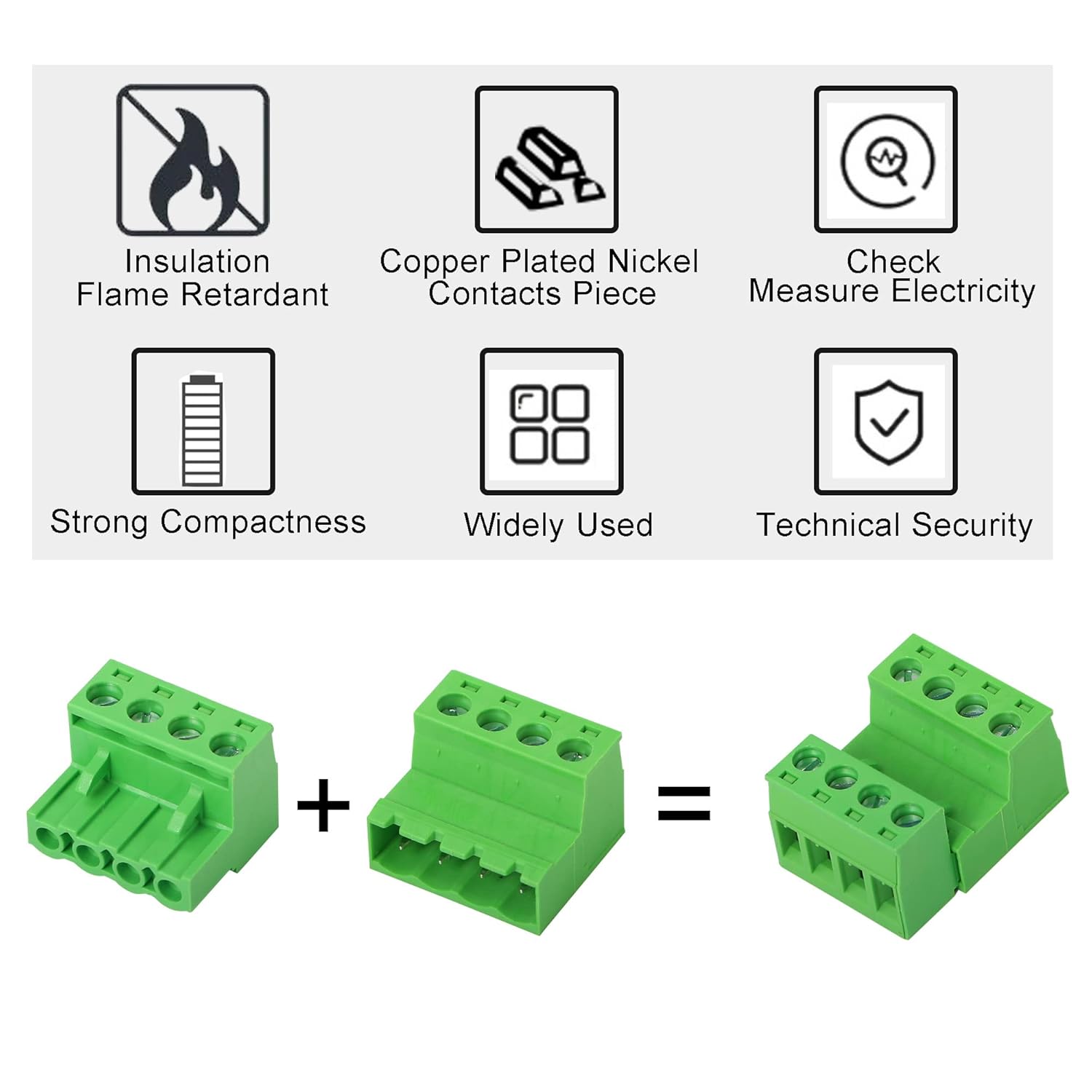 Diagram showing the connection of male and female GINTOOYUN terminal blocks and key features