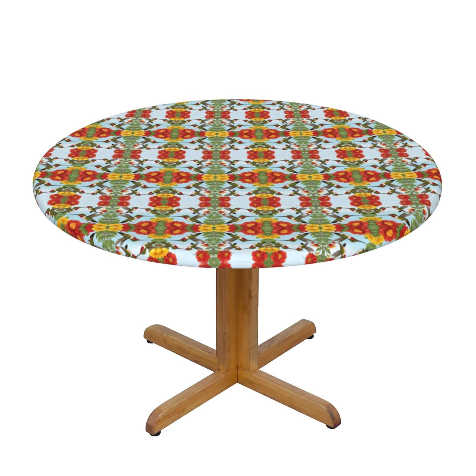 LKJHGFDSAQ Hummingbirds Red Flower Hibiscus Round Table Cloth â€“ Fabric with Water-Resistant & Anti-Stain Protection, Decorative Table Cover for Round and Octagon Tables