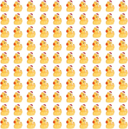 100 patos de resina de Navidad, mini patos de resina para decoración de pequeños patos con sombrero de Navidad, pequeño pato de resina en miniatura