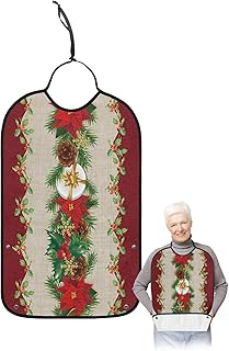 BOBOWUNY Christmas Poinsettia Adult Bibs for Elder Women Men Eating, Red Winter Snowflake Bells Gifts Retro Waterproof & Washable Bibs for Eating Clothing Protector Dining Bibs for Crumb Catcher