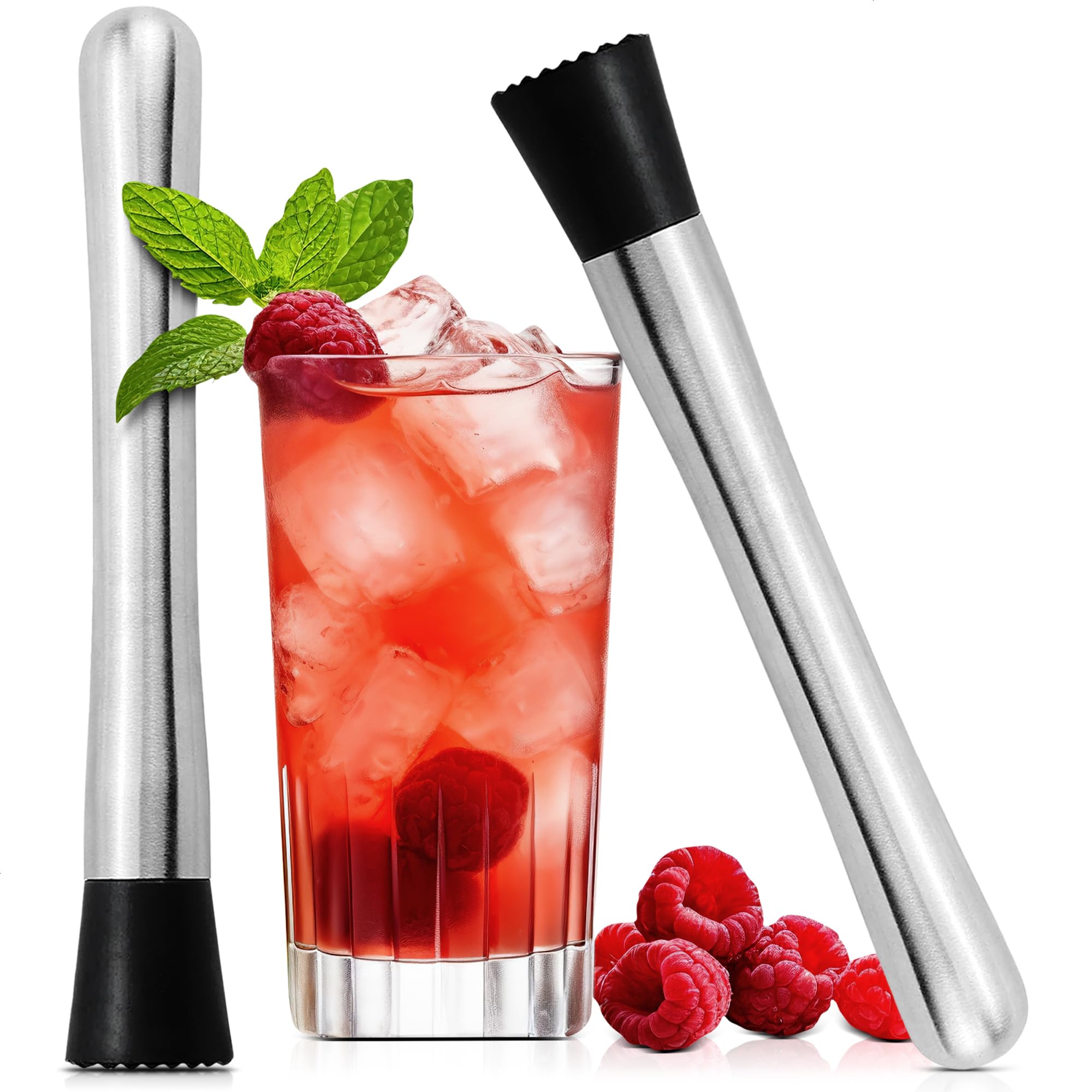 Lagarto 2PCS Stainless Steel & Nylon Muddler - Bar Tool & Cocktail Muddler, 8" Long - Silver, Black