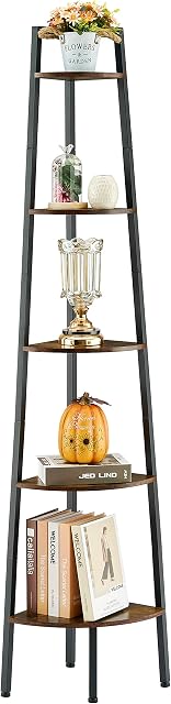 Hoctieon Corner Shelf, 5-Tier Corner Bookshelf, Rustic Corner Ladder Shelf, Industrial Display Shelf for Living Room, Kitchen, Home Office, Balcony, Small Space, Metal Frame, Rustic Brown