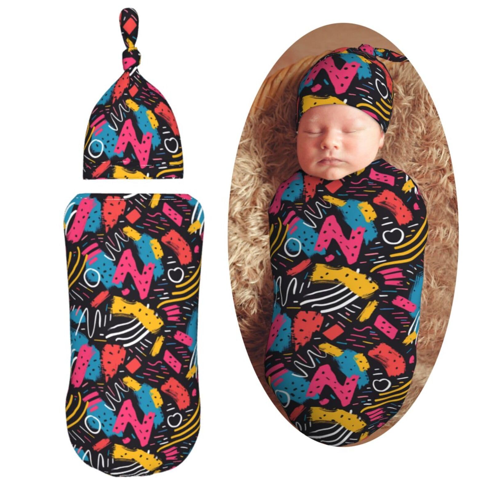 90s Art Newborn Swaddle Blankets Hat Sets Soft Baby Receiving Blanket Swaddle Sack for Baby Shower Infant Boy Girl Gift