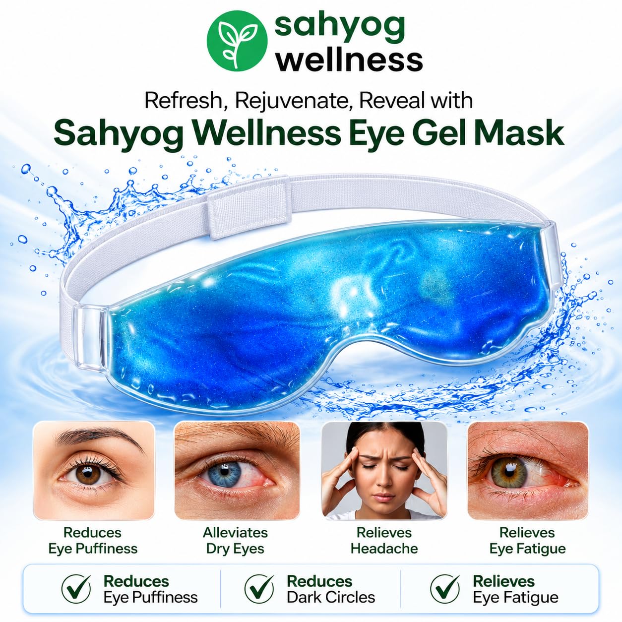 Sahyog Wellness Cooling Eye Gel Mask for Dark Circles, Pain Relief, Dry Eyes Treatment, Reusable Gel Eye Patches with Adjustable Strap, Reduces Puffiness and Eye Strain — Amazon image 3