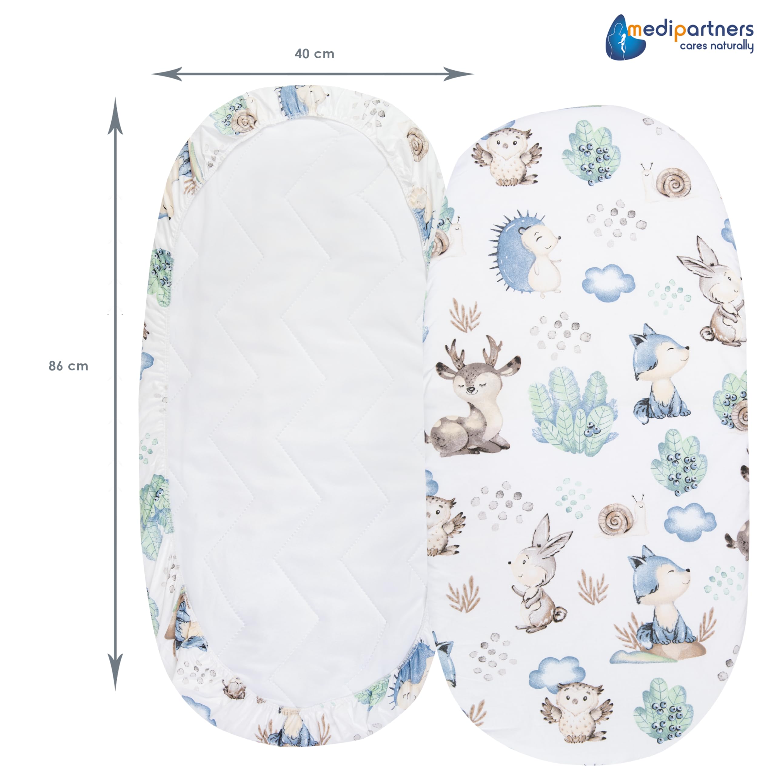 Medi Partners Set of 3 pcs. Fitted Sheet Pram 86 x 40 cm 100% Cotton Mattress Protector Baby, Deer and Hedgehogs-white-grey, Three pack - Image 4