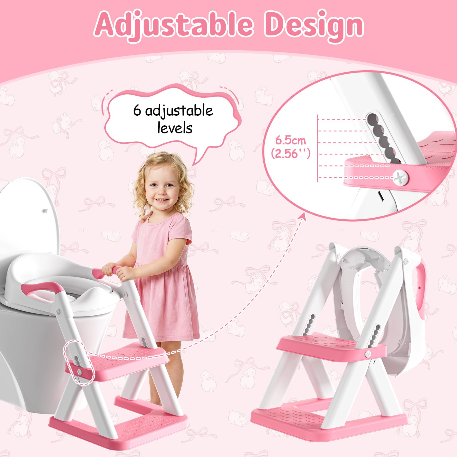 Rabb 1st Potty Training Toilet Seat with Steps, 2-in-1 Toddler Toilet Seat for Boys Girls with Splash Guard Soft Anti-Slip Pad,Bright Pink - 5