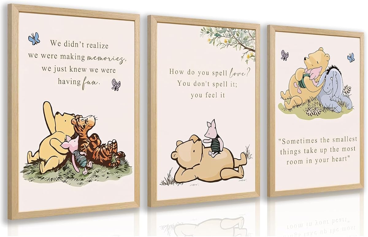 LERVR Wood Framed Bear Nursery Wall Art Set of 3, Cute Bear and Friends Storybook Canvas Print, Sweet Inspirational Quote Decor, Cartoon Animal Nursery Artwork for Kids RoomPlayroom 12x16 Inch