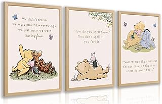 LERVR Wood Framed Bear Nursery Wall Art Set of 3, Cute Bear and Friends Storybook Canvas Print, Sweet Inspirational Quote Decor, Cartoon Animal Nursery Artwork for Kids RoomPlayroom 12x16 Inch