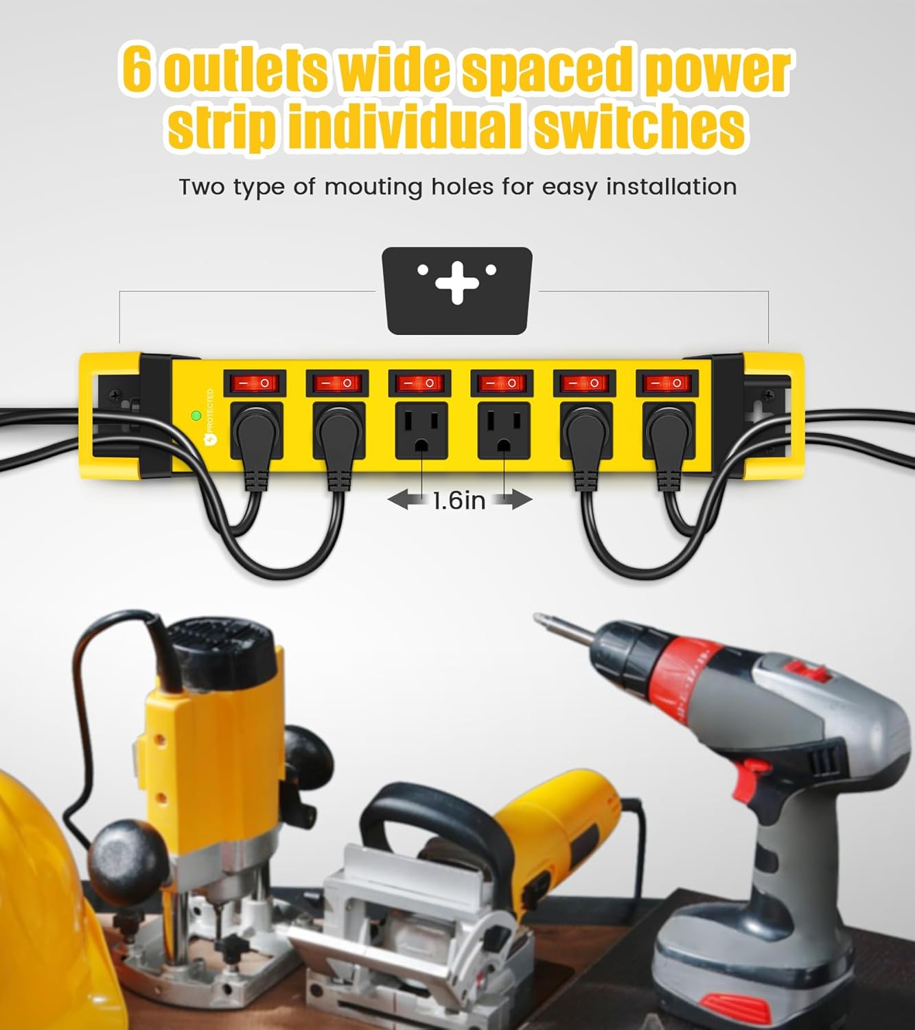 Heavy Duty Power Strip,6 Outlets Metal Power Strip with Individual Switch & Cord Management,Mountable Surge Protector 1200J,6FT Extension Cord(Yellow,6 FT)