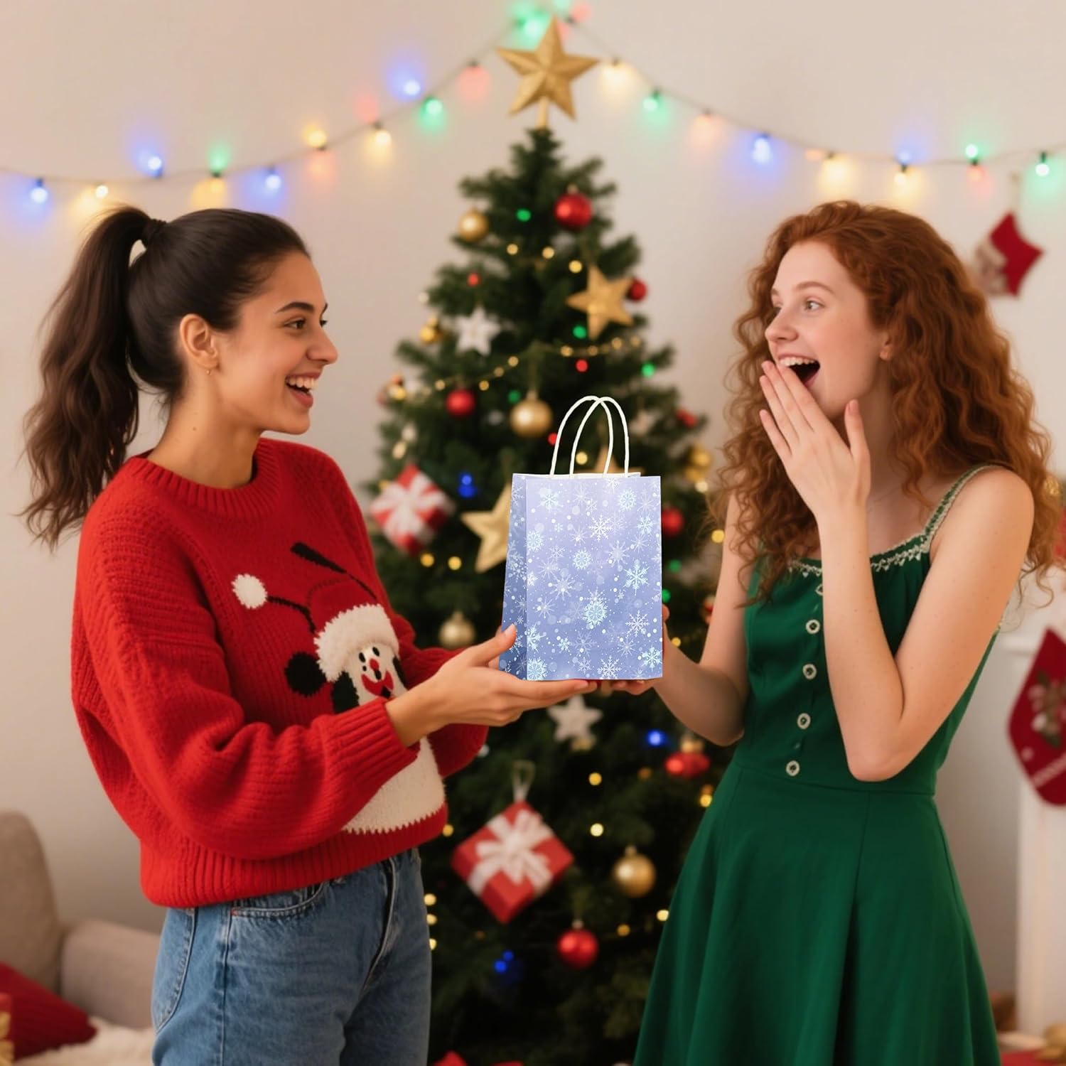 W WINTMING 12 Pcs Snowflake Gift Bags Snowflake Paper Goodie Bags Bulk Frozen Party Favor Bags with Handles for Birthday Christmas Winter Wonderland - Image 6