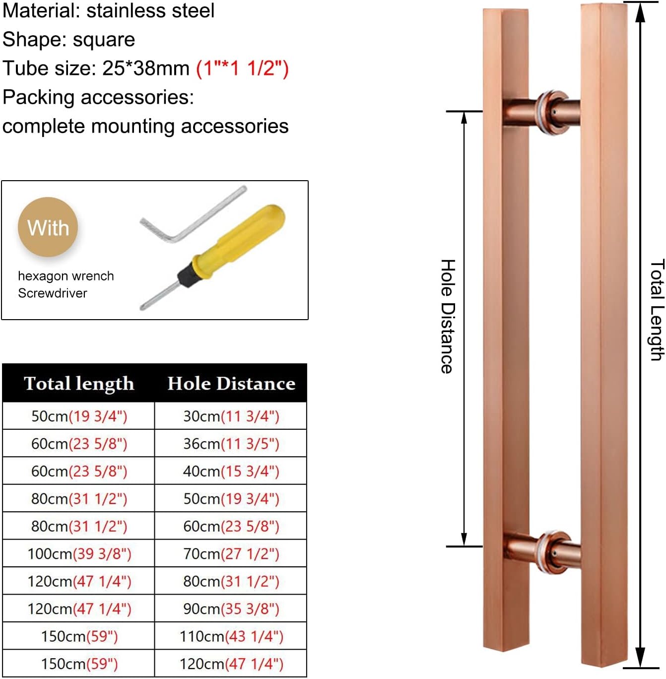 Commercial Office Door Pull Handles, Push Pull Door Handle/Barn Door Pull Handle/Glass Pulls, Rectangle Glass Door Handle for Front Door (Color : Rose Gold, Size : 120cm(47 1/4") 80cm)