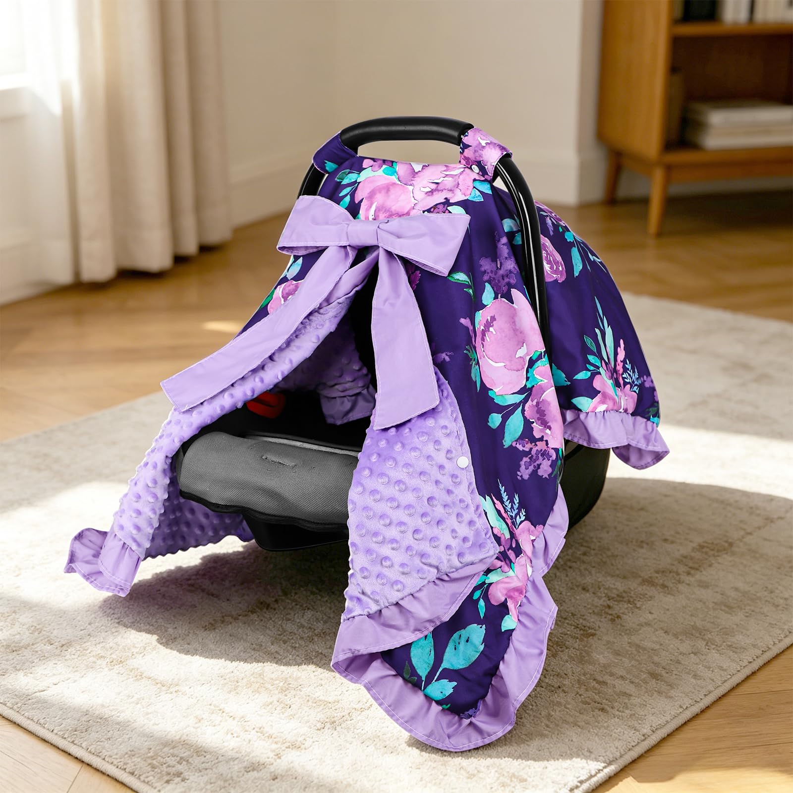 TANOFAR Ruffle Baby Mädchen Autositzbezug, Peekaboo Öffnung Autositzbezug für Babys, weiche und atmungsaktive Babytrage Baldachin, Mehrzweck-Babytrage, lila Blume