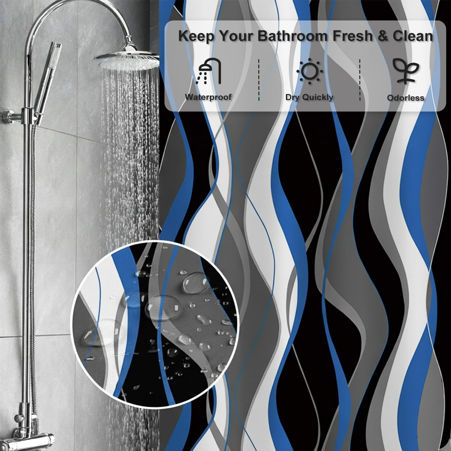 Black and Blue Shower Curtain White and Grey Modern Geometric Striped Abstract Bathroom Curtains Waterproof Fabric Easycare with Hooks 72x78in