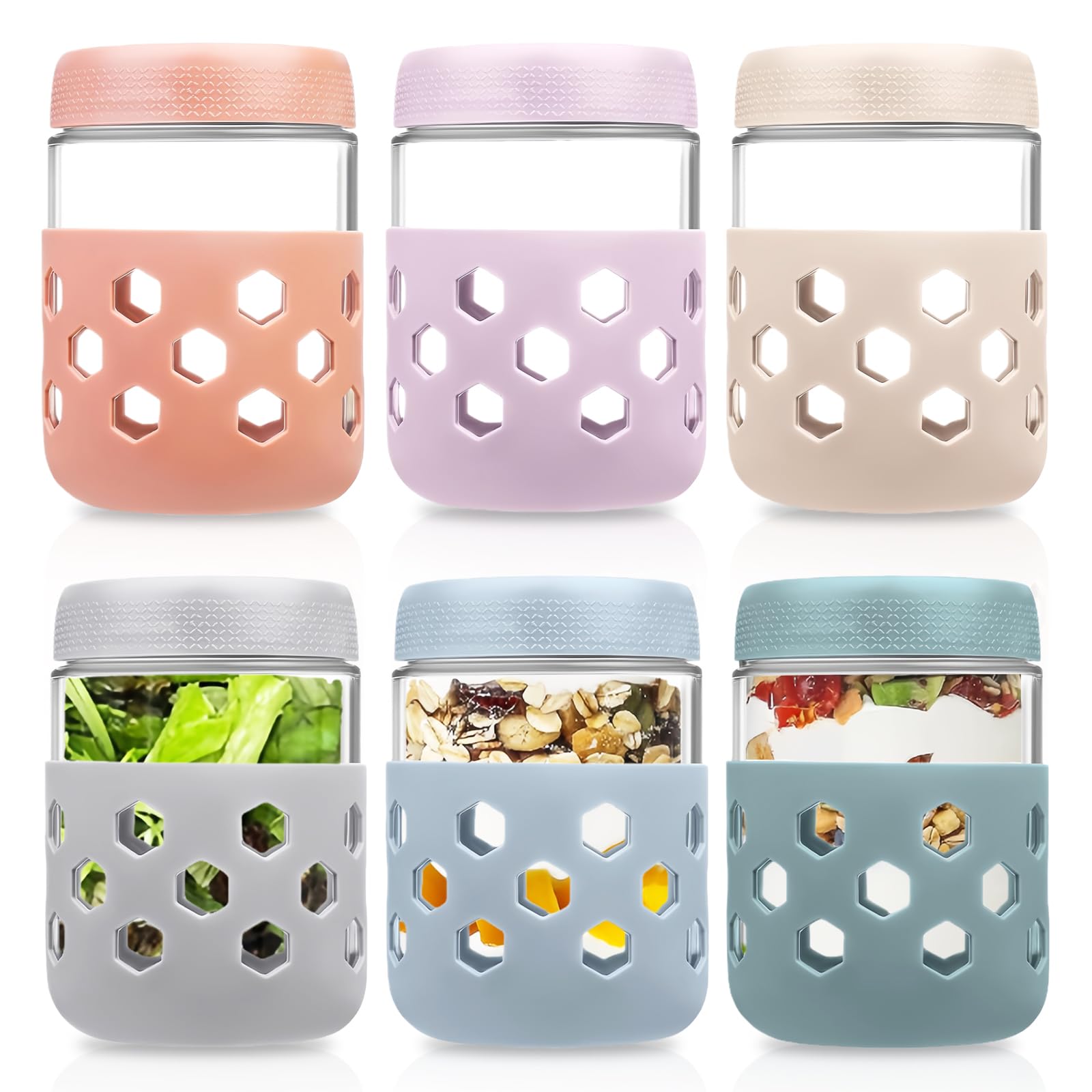 Eidoct Transparent 6-Pack 15.8Oz Glass Jar Overnight Oats Container With Screw Lid Leakproof And Silicone Sleeve, Yogurt Jars, Oatmeal Salad Jars, Cereals Milk Fruit Condiment(6-Pack 450Ml With Silicone Sleeves)