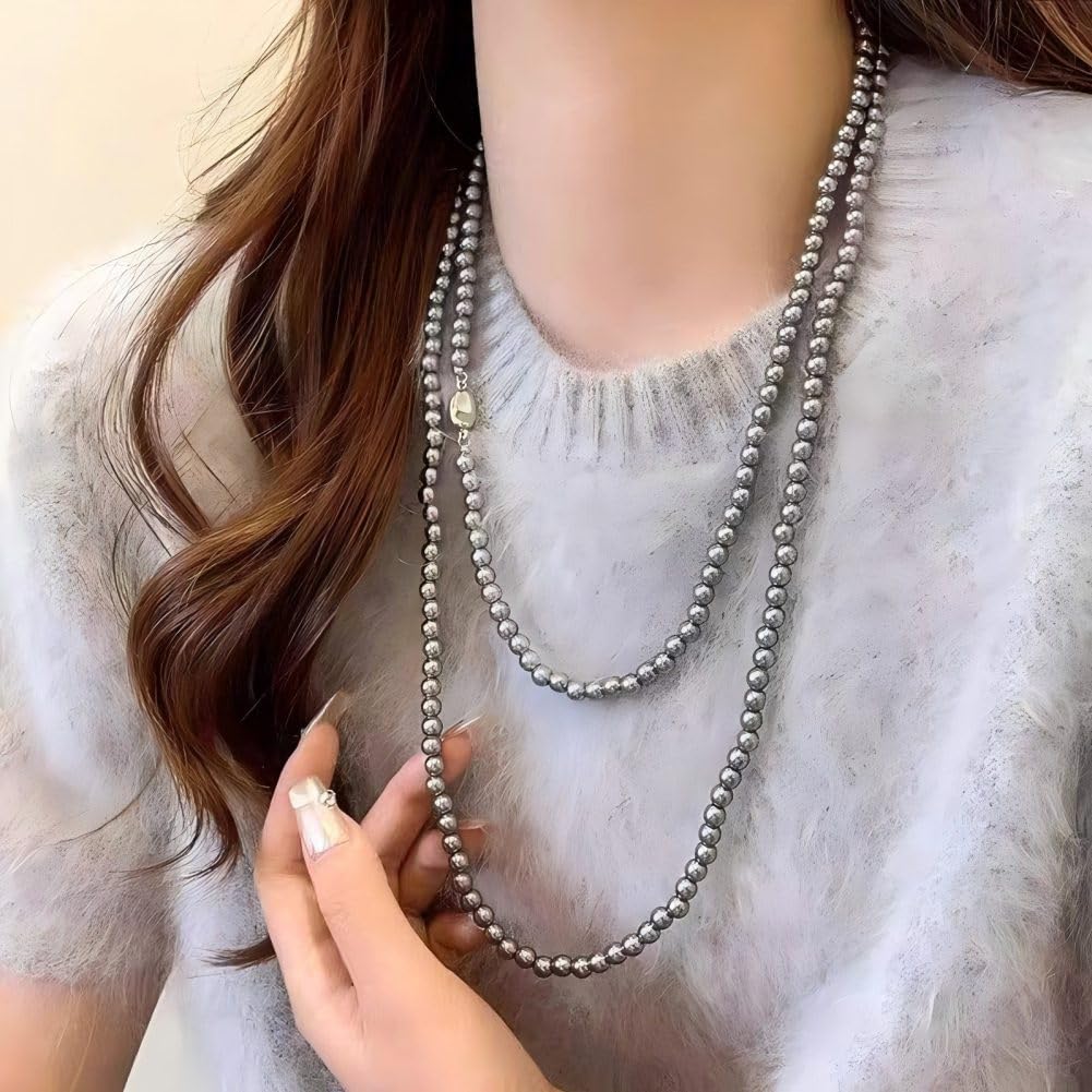 Faux Pearl Necklace for Women White Silver Long Pearl Necklaces Stackable Pearls Beaded Long Necklace Wedding Party Jewelry - Image 3