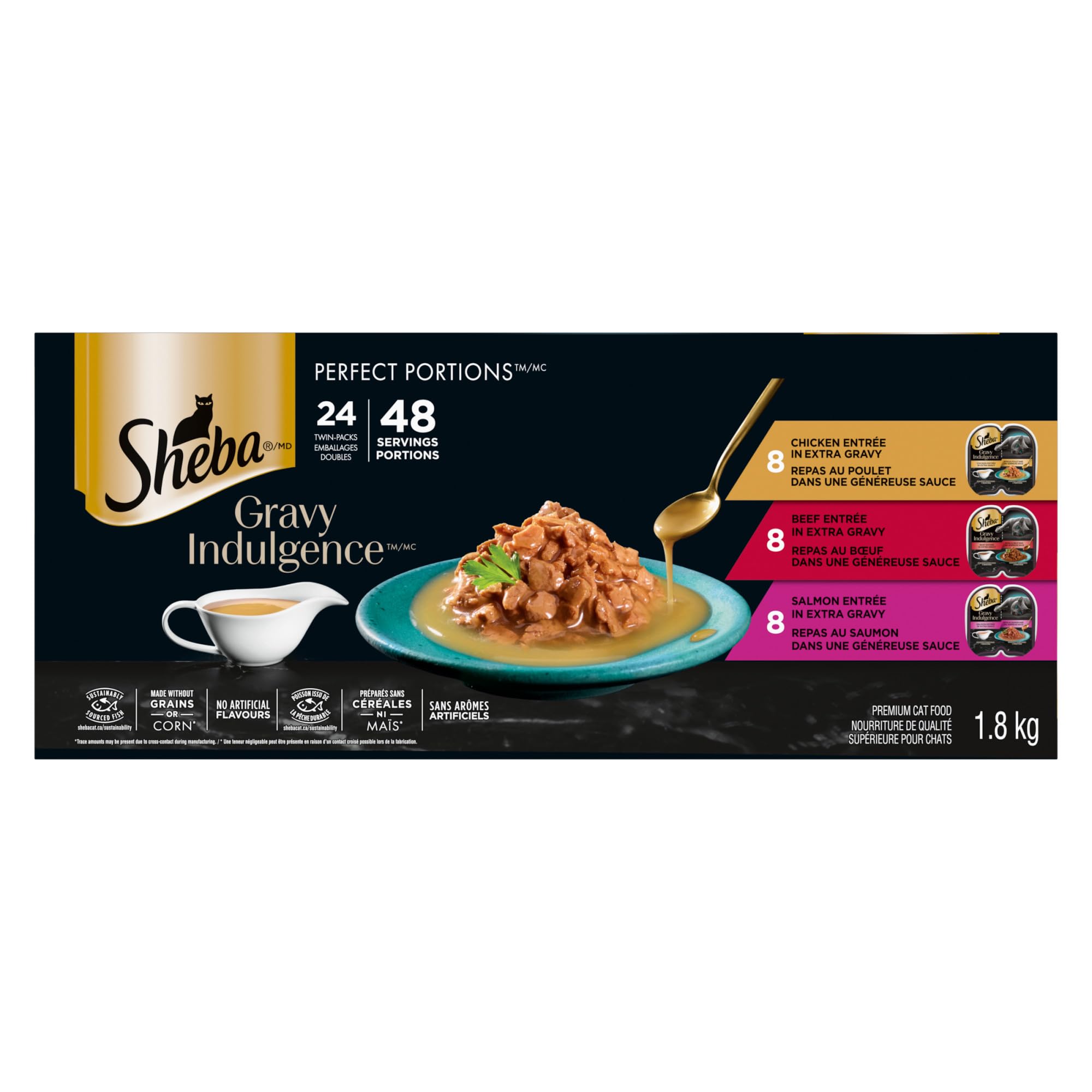 Sheba Gravy Indulgence Perfect Portions Adult Wet Cat Food Chicken & Beef & Salmon Entrée in Extra Gravy Variety Pack, (24) 75g Trays image 5