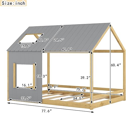 Miniatura 2 de Danxee Solid  Sturdy Wood Tent Bed with Roof and Window Design for Toddlers House Beds with Fence Wood Loft Bed Frame Bedroom Furniture for Girls
