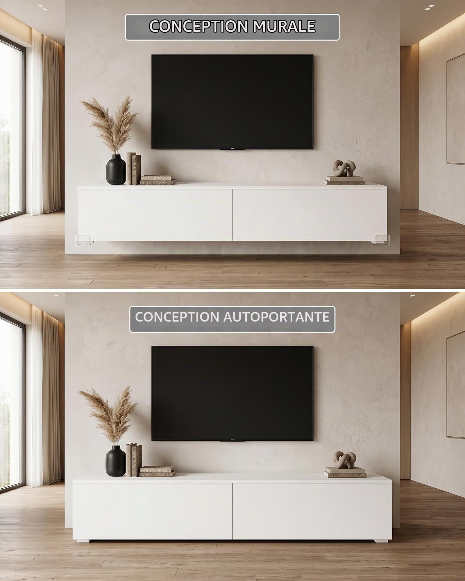 Meuble TV Suspendu Blanc 180 cm Longueur, Meuble Tele Suspendu Blanc avec Espace de Rangement, Table Tele avec Effet RGB Multicolore Variable