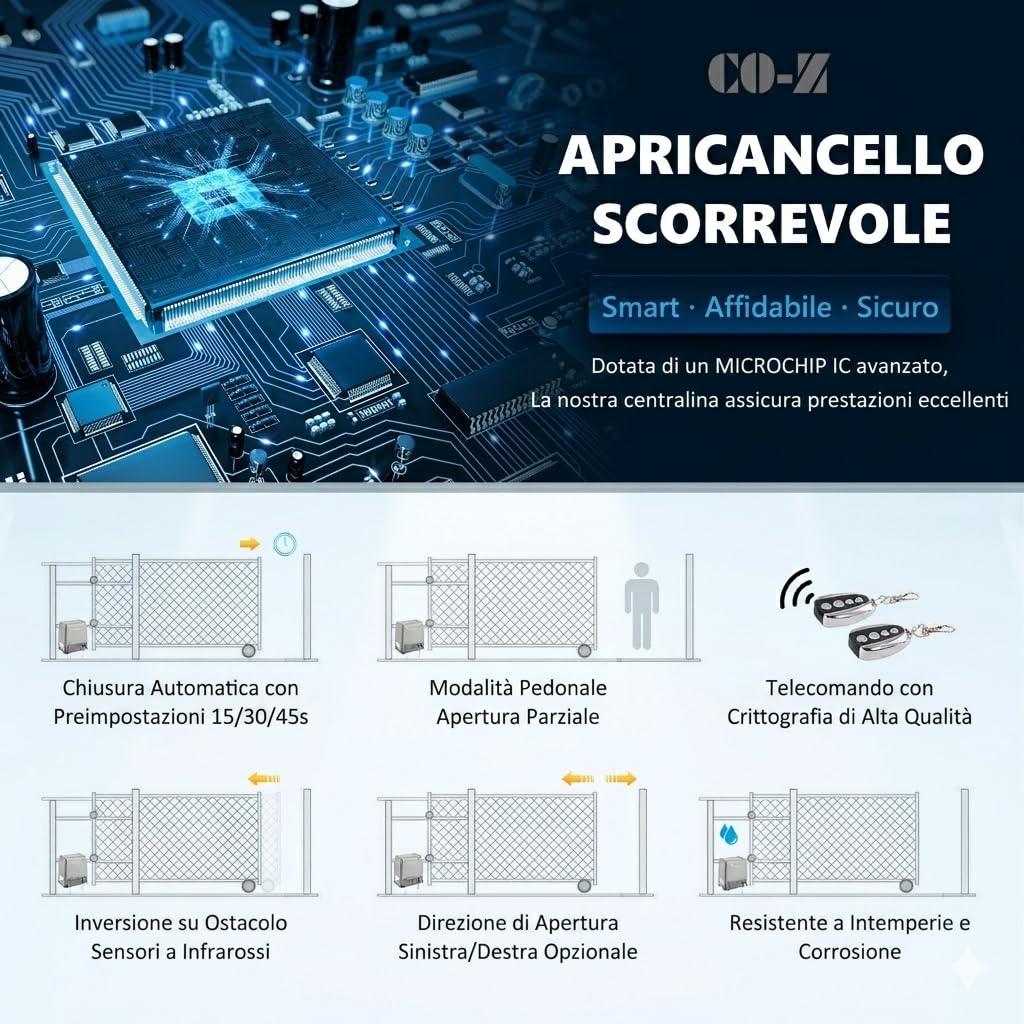 CO-Z 400W Motore Cancello Scorrevole, Kit Automazione Cancello Scorrevole per Porte Fino a 1000kg 12m con 2 Telecomandi, 4m Cremagliera e Sensori a Infrarossi per Giardino Garage