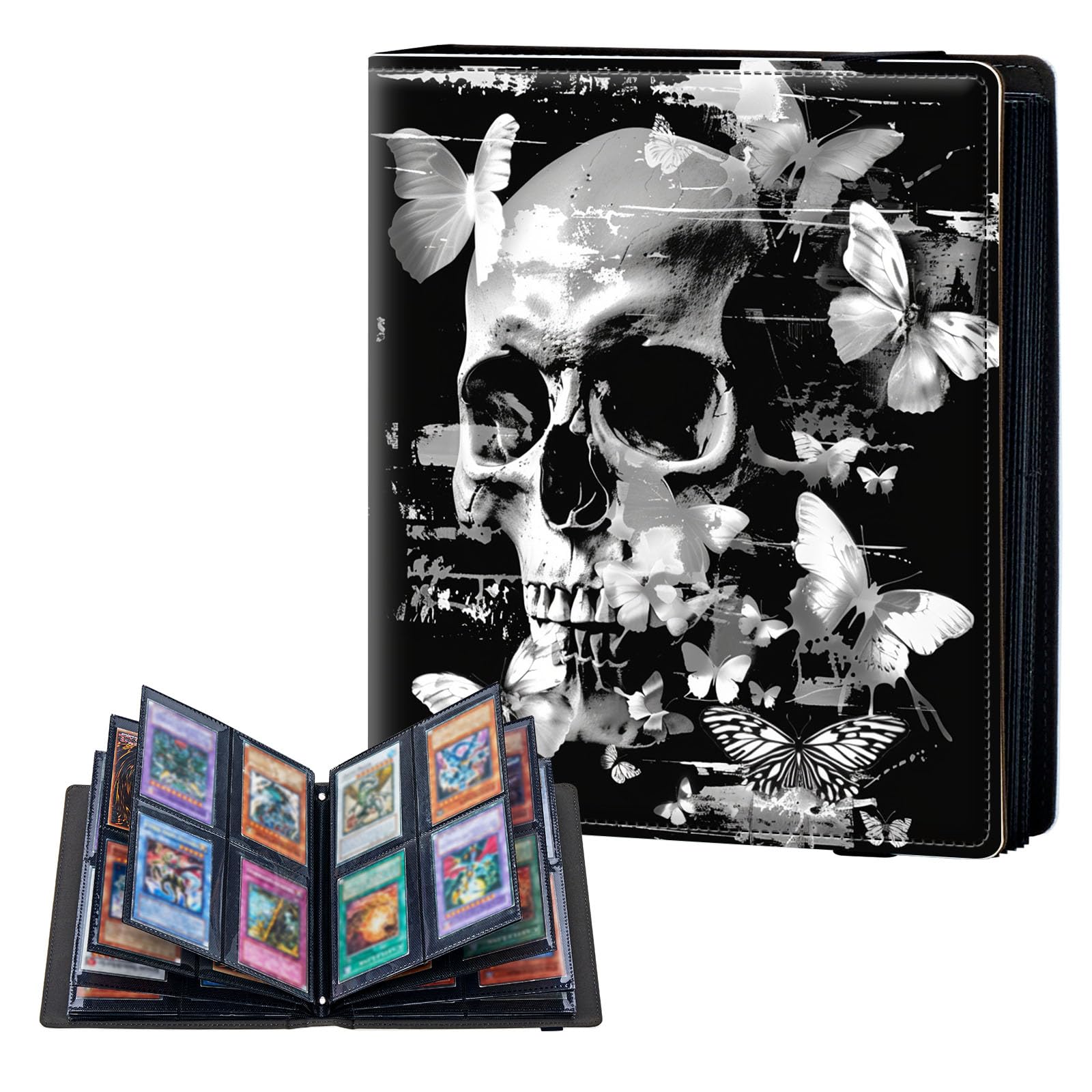 ETLKJVBL 4 Pocket Trading Card Binder, Card Collection Binder for TCG, MTG, Sports Cards, Baseball, Skull Butterfly Crown Trading Card Book Holder for Collectors, Top Loader Binder