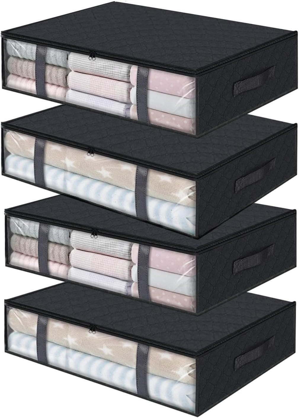 Under Bed Storage with Reinforced Handle,4 Pack Foldable Clothes Bag with Clear Window,Under Bed Organiser Containers Bin for Duvets, Clothes, Shoes,C