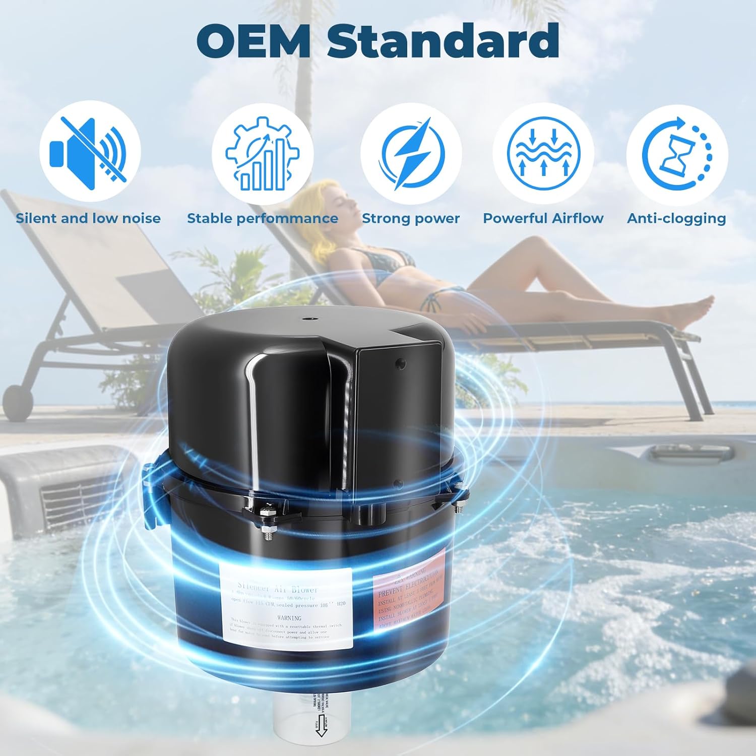 6316220F Silencer Spa Blower 1.5 HP 240 Volt 3.8 Amps Replacement for Air Supply, for use with 2 inch Plumbing, Quiet and Shock-Absorbing, Easy Installation, for Pool Hot Tub & Spa