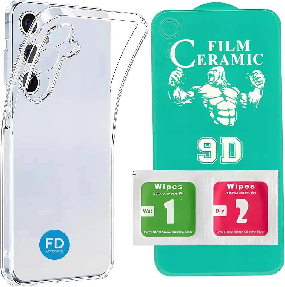 Kit Capa Capinha Anti-Impacto Premium Transparente + Película de Cerâmica 9D para Samsung Galaxy M55.