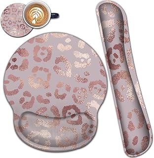 Ergonomic Mouse Pad Wrist Support and Memory Foam Keyboard Wrist Rest Set, for Gaming Computer Office Laptop Easy Typing Wireless Mouse Mat, Gel Gaming Pad Rose Gold Leopard Print Office Desk Pad