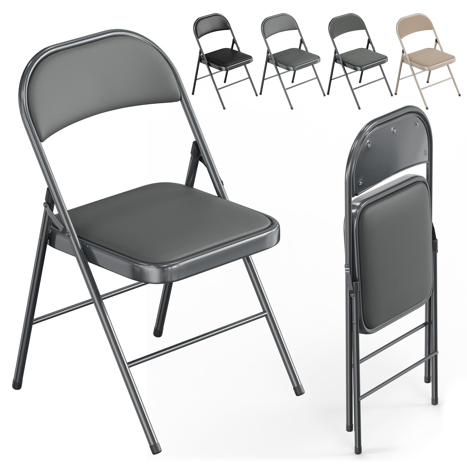 VINGLI Folding Chair, Padded Fabric Foldable Chair with Steel Frame, Grey