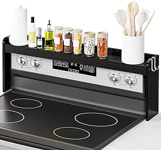 Alfrufy 31” Stove Top Shelf, Over the Stove Spice Rack, Wood Space Saving Seasoning Shelf, Kitchen Storage Stand, Kitchen Organization (Black)