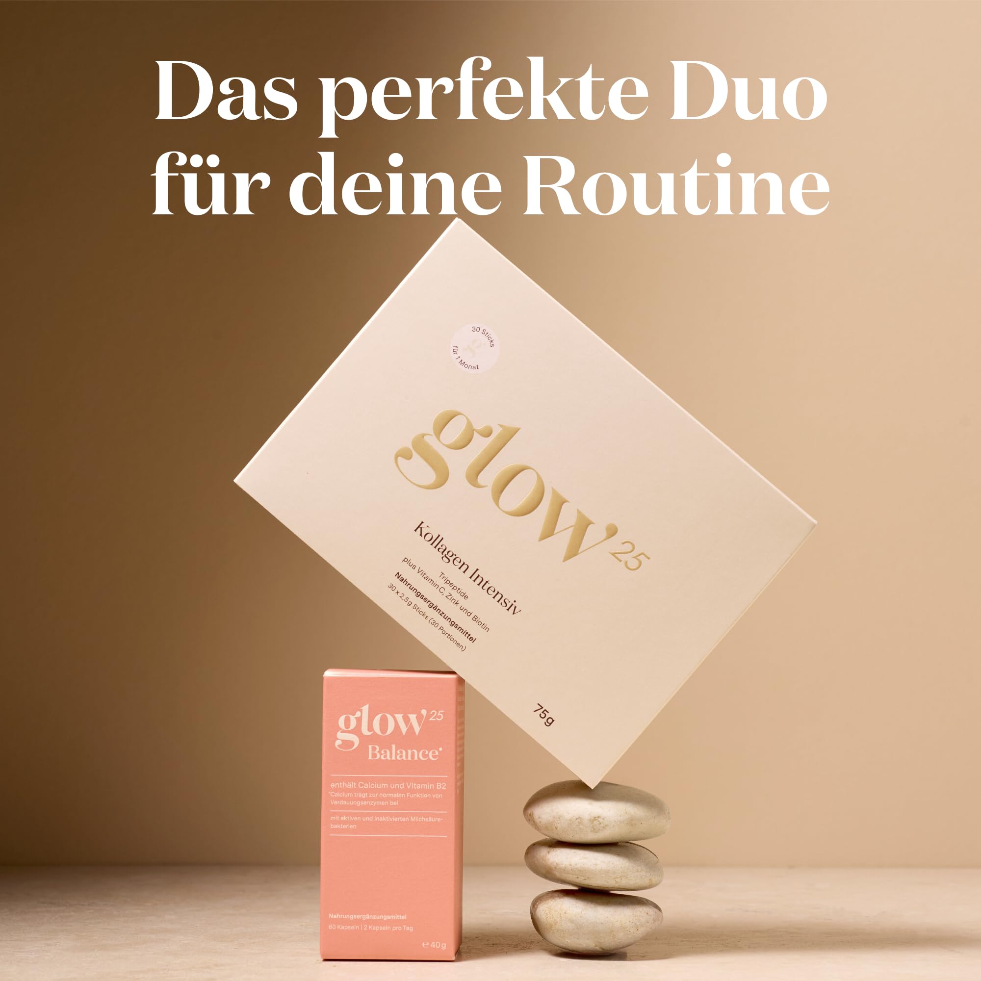 Glow25® Kollagen Intensiv [30 Sticks] – mit Tripeptiden, Vitamin C, Zink und Biotin – Premium Marine Collagen Hydrolysat – Peptide Typ 1 und 3 – Gute Löslichkeit