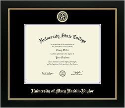 University of Mary Hardin-Baylor 11" w x 8.5" h Diploma Frame - Fits a bachelor's and master's - Gold Embossed Diploma Frame - Black Moulding with Black and Purple Matting