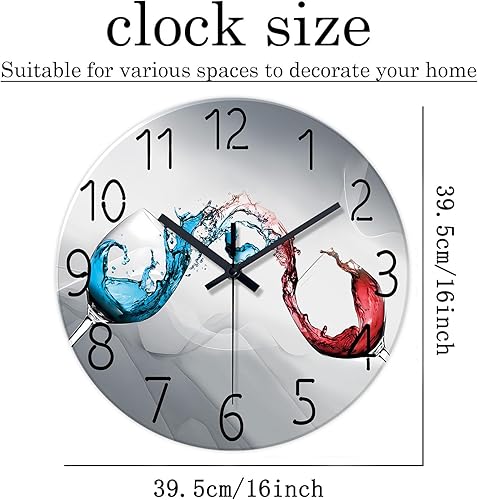 Miniatura 6 de XFM Reloj de pared silencioso sin tictac, funciona con pilas, reloj de comedor de 16 pulgadas, tazas de vino azul y rojo, reloj decorativo moderno