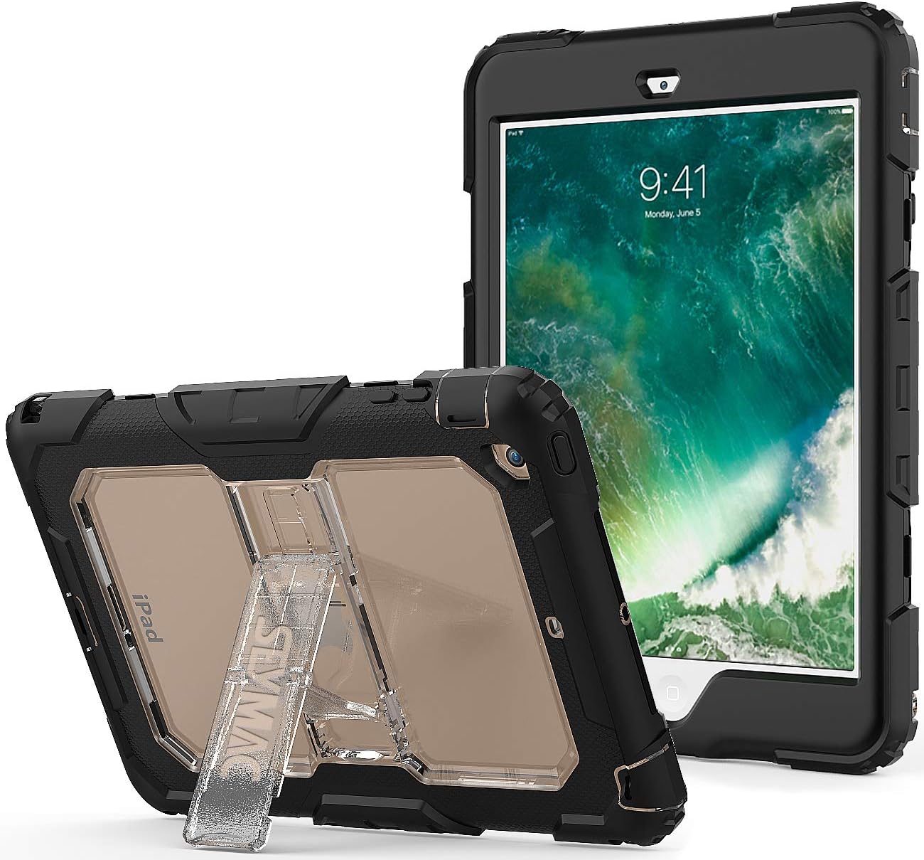 SEYMAC stock Case for iPad Mini 1/2/3, Protection Case, with [Portable Shoulder Strap]&[Built-in Kickstand] for iPad Mini 1, iPad Mini Retina, iPad Mini 3 - Clear/Black