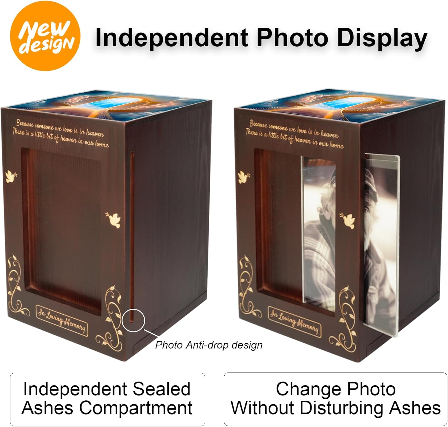 Wooden Cremation Urns with Photo Frame for Human Ashes Adult Female Male, Wood Urns Box and Casket, Decorative Urn with picture for Adults Up to 200 lbs (Large, Stairway to Heaven) - Image 2