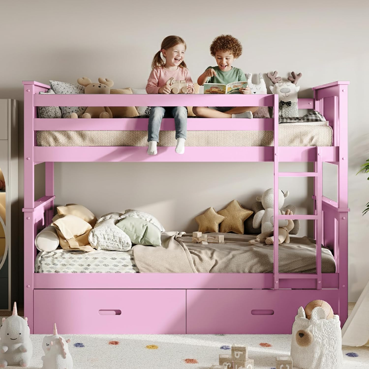 Bunk Bed Twin Over Twin, Convertible Wood Bunk Beds with 2 Storage Drawers, Solid Wood Slats, Widened Guardrail, Sturdy Ladders, No Box Spring Needed, Pink
