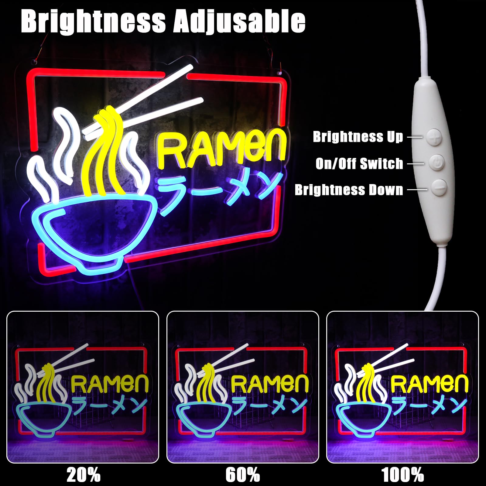 Ramen - Panneau néon LED coloré - Panneau lumineux japonais - Nouilles LED - Pour magasin, magasin, cuisine, salon, salle à manger, brunch, fête, art mural - Cadeaux d'intérieur