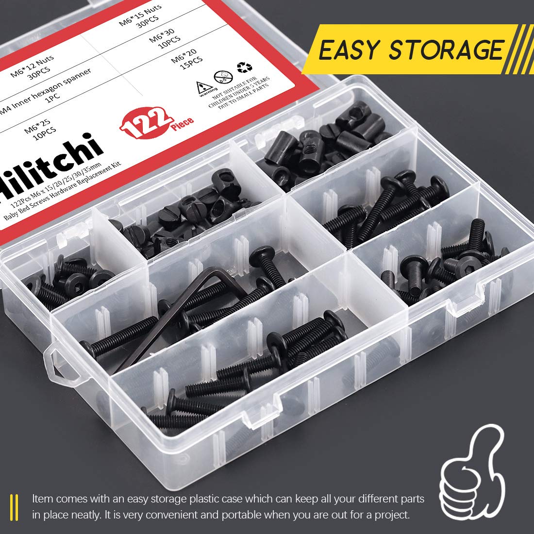 Hilitchi M6 120Pcs Black Hex Socket Head Screws Bolts Barrel Nuts Hardware Assortment Kit for Crib Baby Bed Furniture Cots and Chairs (15mm/20mm/25mm/30mm/35mm-Assortment Kit)