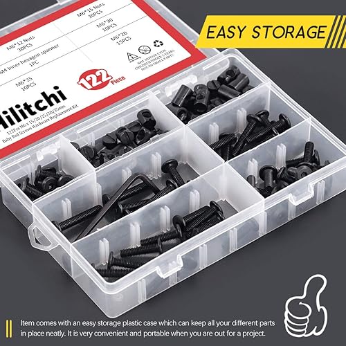 Miniatura 6 de Hilitchi M6 - Juego surtido de 120 tornillos de cabeza hexagonal negra, tuercas de barril para cuna, cama de bebé, muebles, cunas y sillas (0.591